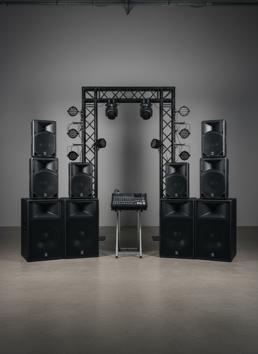 A meticulously arranged array of professional black PA speakers, compact line arrays, and a sleek digital audio mixer dominates the foreground on a clean, matte concrete studio floor. Behind them, symmetrical truss structures with mounted LED wash lights and discreet moving-head fixtures form a balanced backdrop against a neutral gray wall. Soft, even studio lighting from above and slightly behind creates subtle highlights on metal grills and knobs, with gentle shadows grounding each device. The atmosphere is corporate and reliable, emphasizing technical precision and quality. Captured at eye level with a wide-angle lens, sharp focus throughout, and a clean, modern photographic realism that suits a professional sound and light systems rental brand.